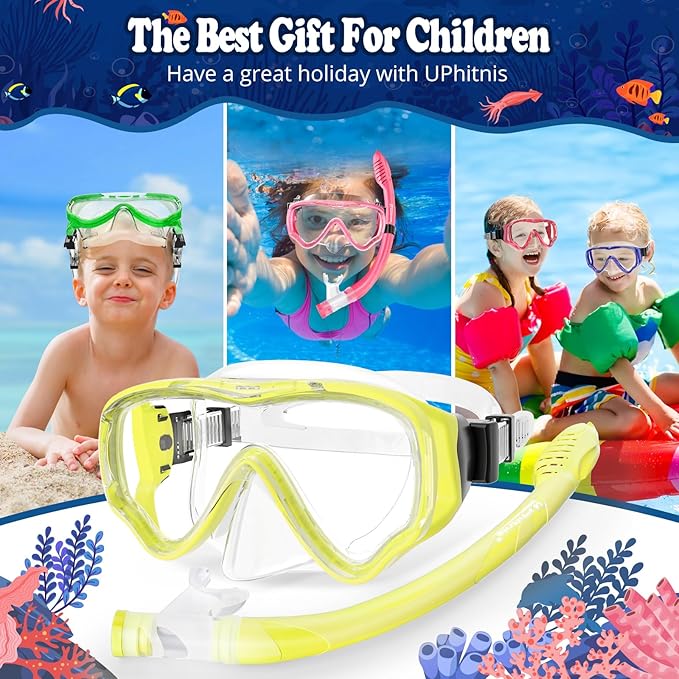 U PHITNIS Kids Snorkel Set for Age 4-14 - Dry Top Snorkeling Gear for Kids Junior & Youth - Childs Diving Mask with Big Eyes for Boys Girls - Anti-Fog Snorkeling Mask and Snorkel Set