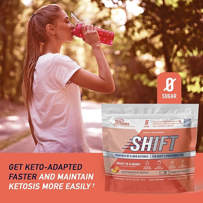 Real Ketones BHB Exogenous Ketones Drink Mix Packets Keto Electrolytes Powder Packets No Sugar with 4 Main Fasting Electrolytes Plus Hydrating Patented Keto BHB - 30 Count Peach Caffeine