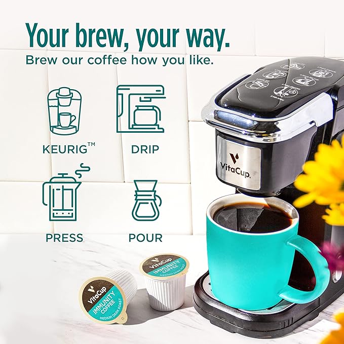 VitaCup Immunity Coffee Pods, Wellness Boost with Antioxidants, Echinacea, Probiotics, Vitamin C & D3, Medium Dark Roast, Recyclable Single Serve Pod Compatible with Keurig K-Cup Brewers,32 Ct