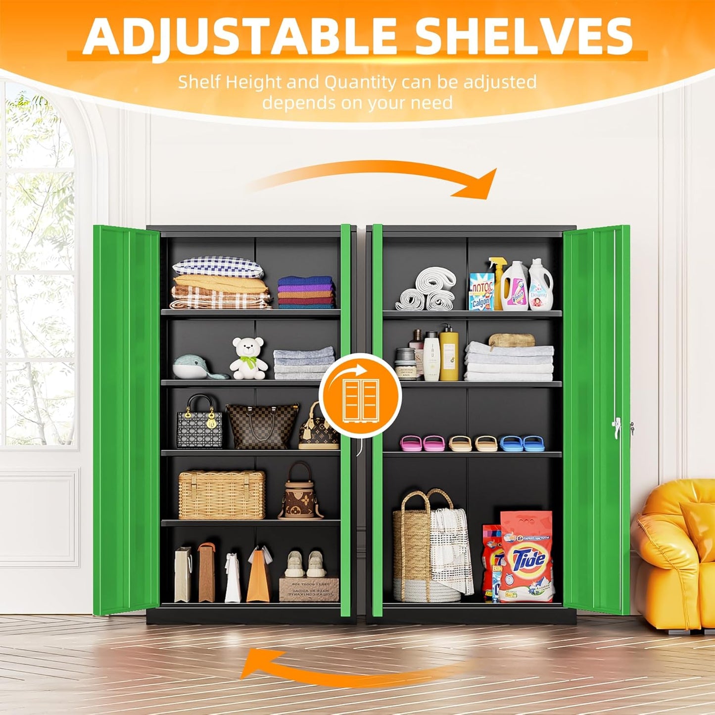 INTERGREAT Storage Cabinet, 72” Steel Locking Closet with Doors and 4 Adjustable Shelves, Tool Unit for Home Office, Garage & Tall Lockable File Cabinet, Black Grey.