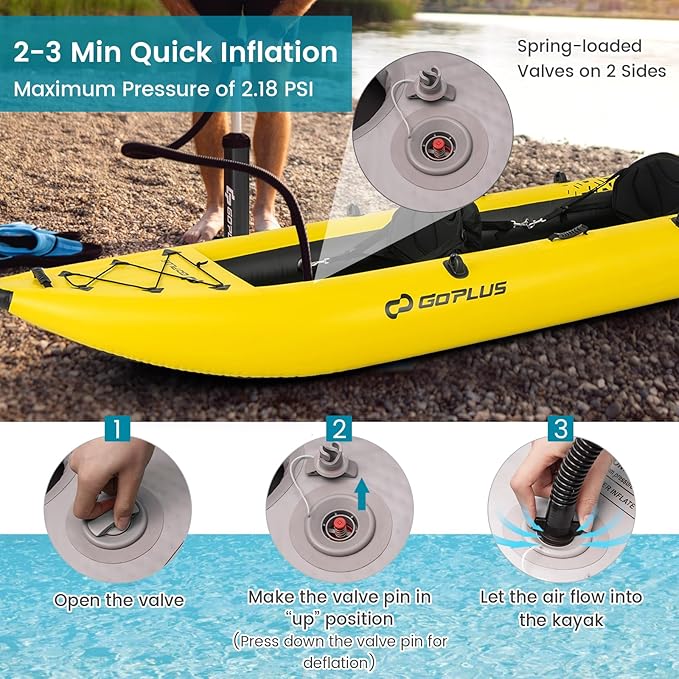 Goplus Inflatable Kayak, 2-Person Kayak Set for Adults with 507 LBS Weight Capacity, 2 Aluminium Oars, EVA Padded Seat, 2 Fins, Hand Pump, Carry Bag, Repair Kit, Portable Touring Kayaks
