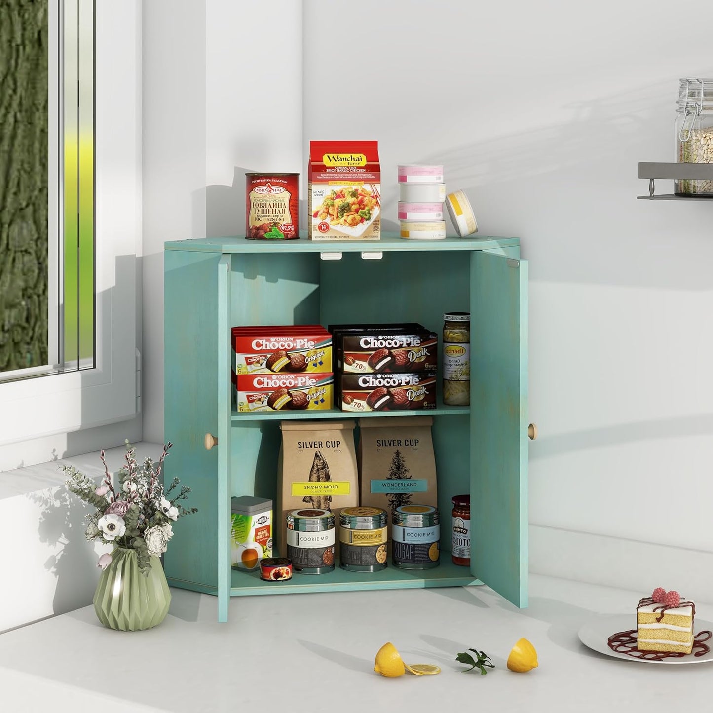 Corner Bread Box for Kitchen Counter Double Layer Bamboo Bread Storage Container Large Capacity Bread Storage Bin Farmhouse Breadbox Organizer (Antique Blue)