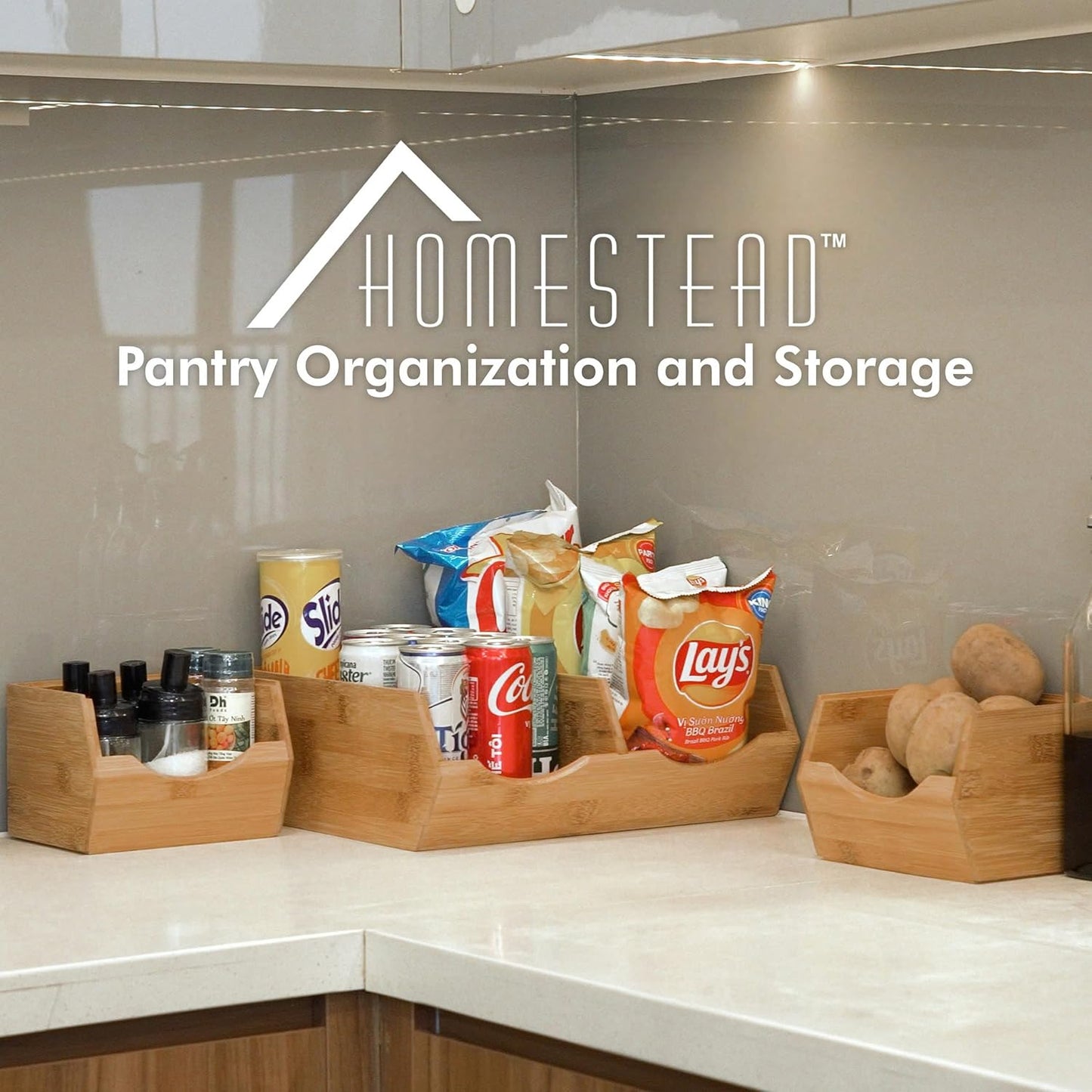 HOMESTEAD Bamboo Pantry Storage Bins - Stackable Baskets, Potato and Onion Storage for Pantry Organization, Set 3 Pieces