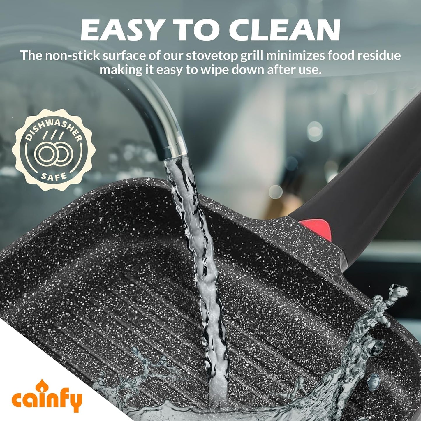 11 Inch Non Stick Grill Pan Granite Coated with Pour Spout - Lightweight 2.66 Quart Grill Pan for Indoor Cooking with Grip Handle - Induction Compatible PFOA Free Stove Top (Black)