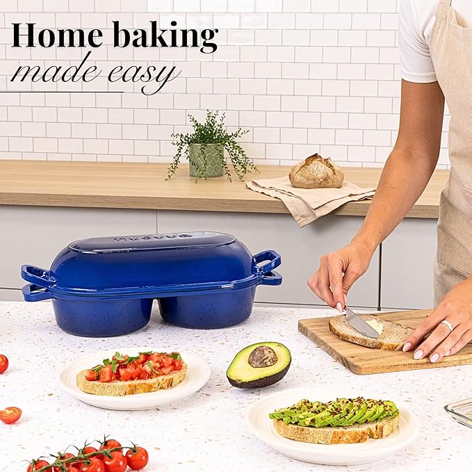 nuovva Dutch Oven For Sourdough Bread Baking – Enamelled Cast Iron Bread Loaf Pot – 500°F Oven Safe Non Stick Bread Pot – Double Round Loaf Space, 16.5cm Diameter, Dark Blue