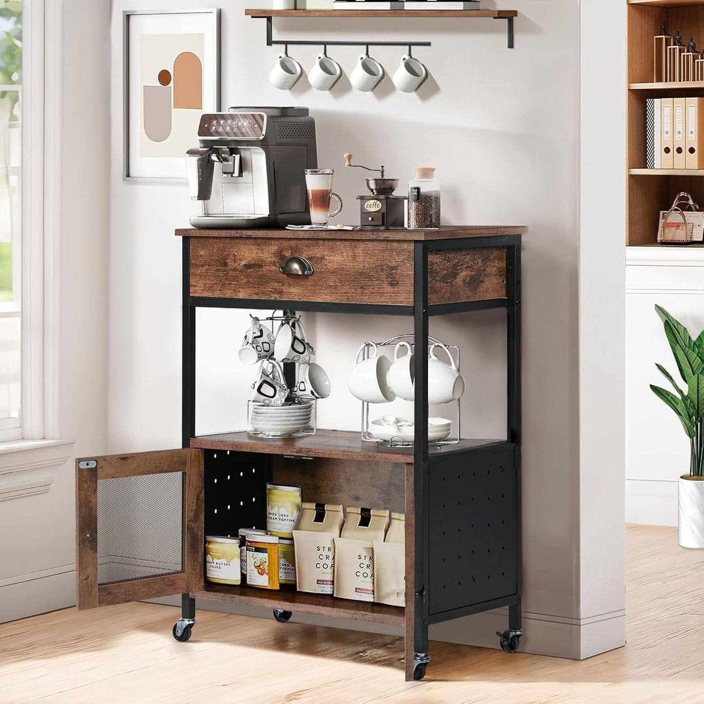Catrimown Coffee Cart Station, Coffee Stand Station, Small Microwave Stand with Drawer, Movable Farmhouse Coffee Station Table on Wheels for Living Room, Entryway, Dining Room, Kitchen
