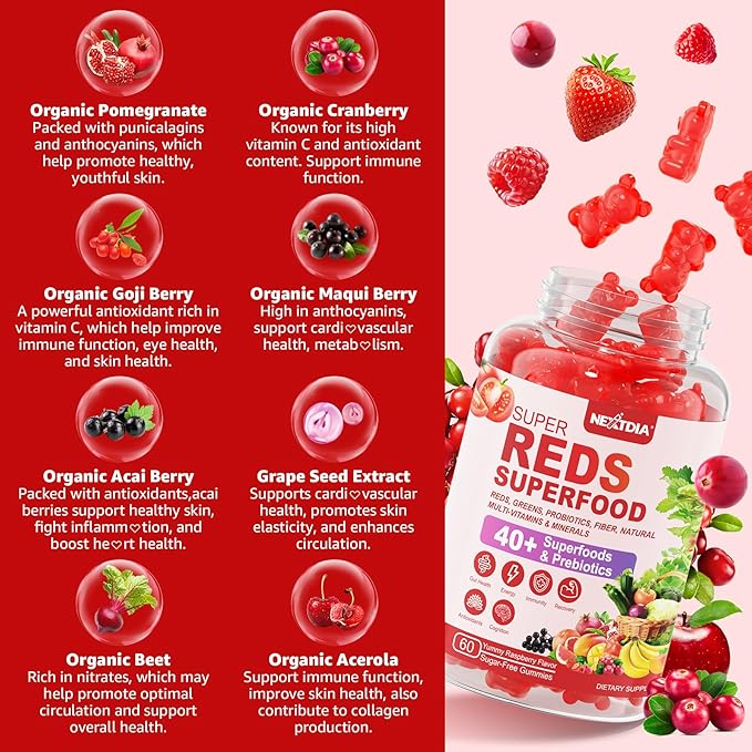 Super Reds Gummies, Fruit and Veggie Supplement w/40+ Superfoods, Polyphenol, Fruits Berries, Super Greens, Beet Root Powder Alternative, Support Energy, Antioxidants, Gut Health, Immunity, 60Cts