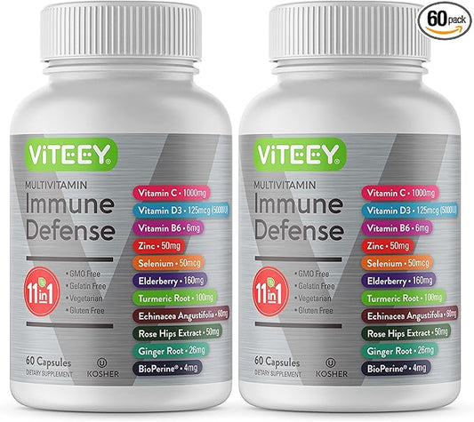 VITEEY 11 in 1 Immune Support Supplement - Immune Defense with Vitamin D3, B6, Echinacea, Turmeric, Rose-HIPS, Selenium, BioPerine, Ginger, Elderberry Vitamin C and Zinc - 120 Count