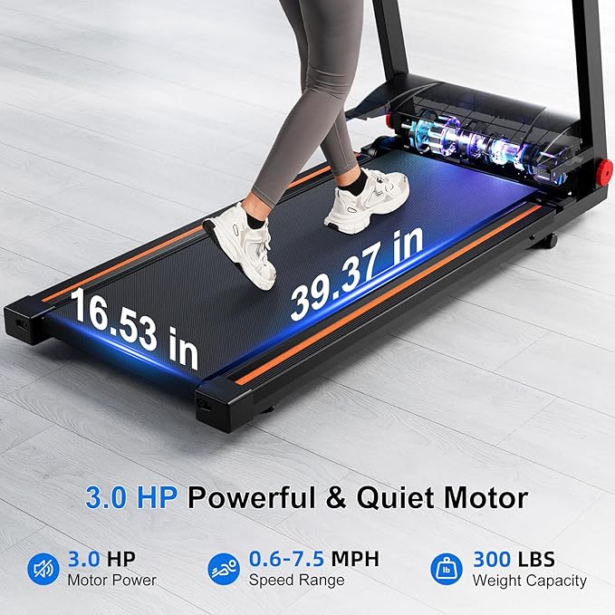 Treadmill with 5% Incline, 300lbs Capacity Folding 15 HP Small Treadmills for Home Portable Running Treadmill with Handles Quiet Brushless Dual Cushion System, Electric Compact Treadmil
