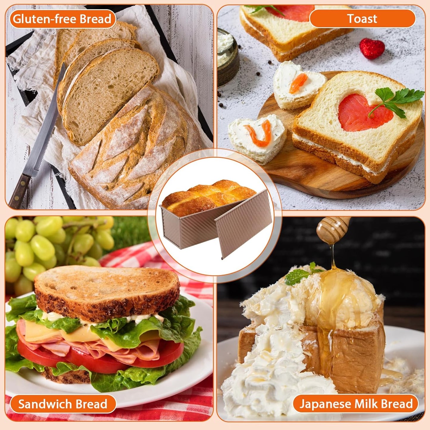 Non-Stick Pullman Loaf Pan with Lid 13x4 Inch - 2.2lb Carbon Steel Bread Baking Pan with 4 Vent Holes, Heavy Duty Sourdough Loaf Pan with Cover for Homemade Sandwich Bread (Gold)