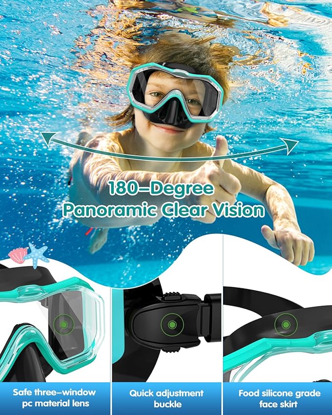 W WSTOO Kids Swim Goggles with Nose Cover,Snorkel Diving Swimming Mask for Youth 5-15,HD 3-Window Wide Vision Anti-Shattered Lens Anti-Fog&Leak