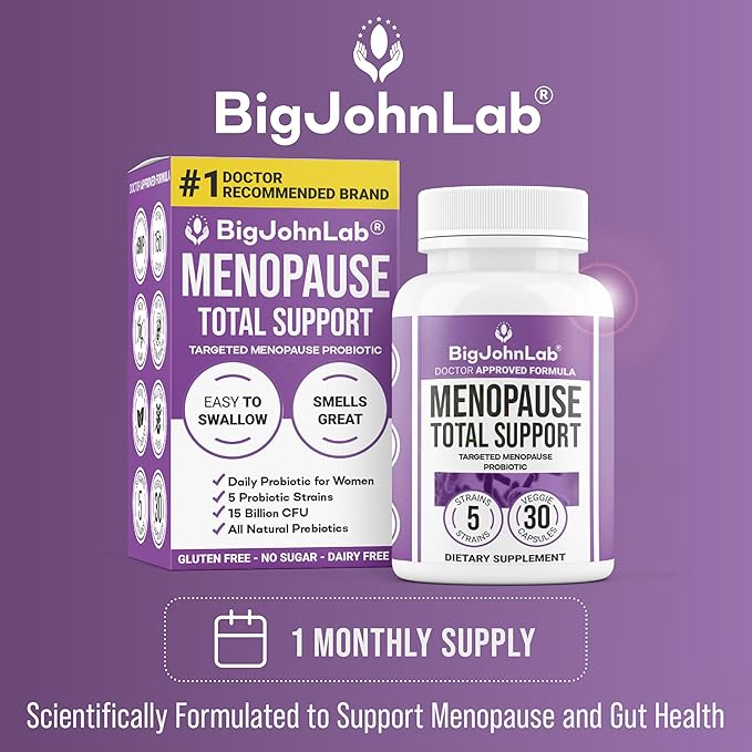 BIGJOHNLAB® - Menopause Total Support – Advanced Probiotic Formula with 5 Strains & 15 Billion CFU, Resveratrol, Black Cohosh, Acacia Fiber, Non-GMO & 100% Vegetarian