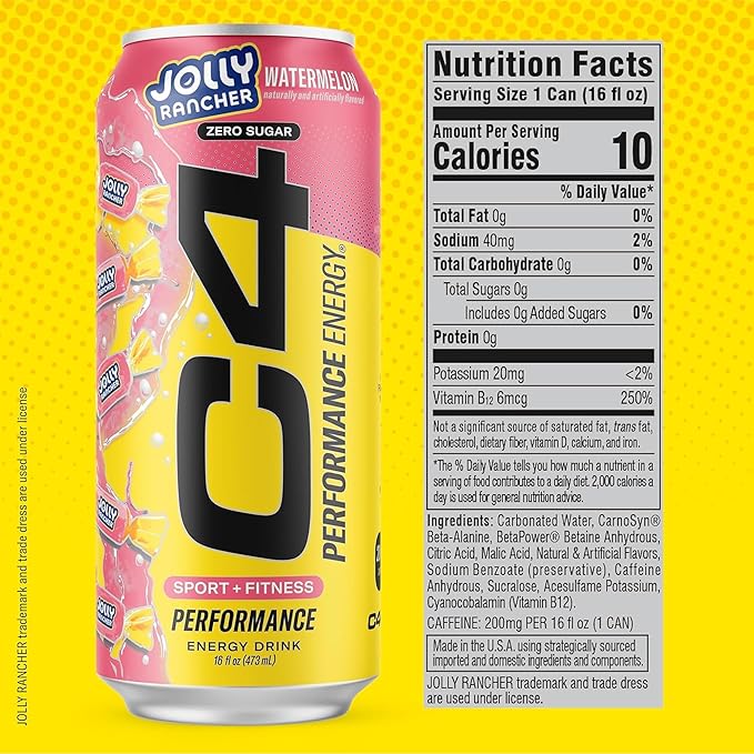 Cellucor C4 Performance Energy Drink | JOLLY RANCHER Watermelon | Zero Sugar Carbonated Preworkout Energy | 200mg Caffeine with Beta Alanine | 16 Fl Oz (12 Pack)