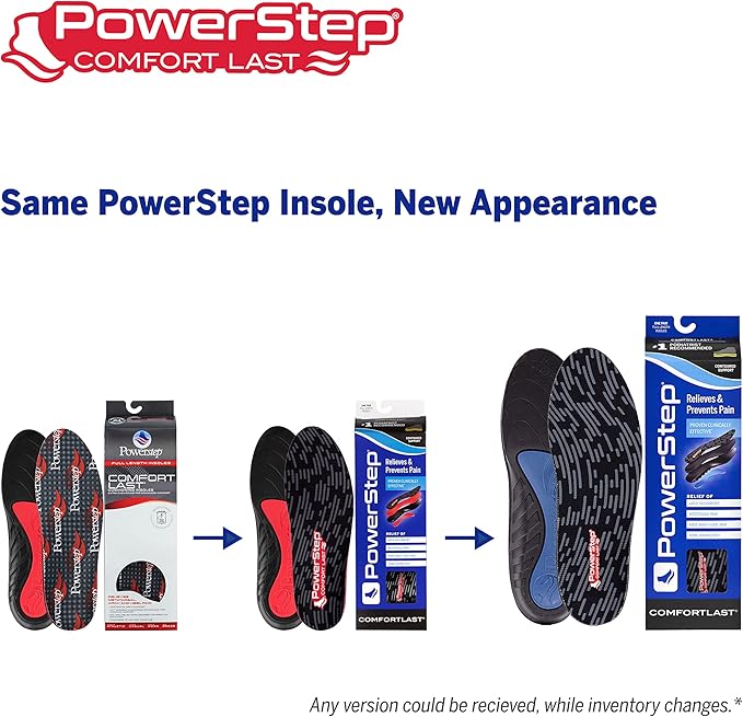 PowerStep Comfort Last Insoles, Cushioning Gel Insoles for Standing All Day, Supports Metatarsal Pain, Foot Arch, Heel Pain, All Day Comfort, Made in The USA (Men's 3-4.5 / Women's 5-6.5)