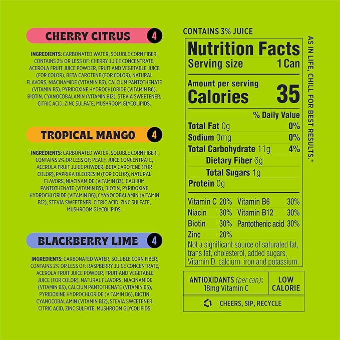 Popwell Variety Pack Better-For-You Prebiotic Soda, with 6g Fiber, 1g Sugar, Vitamins and Immunity Support, 12 fl oz, 12 count (Blackberry Lime, Cherry Citrus, Tropical Mango)