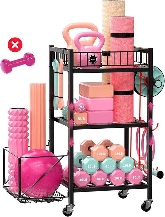 3-Tier Home Gym Storage Rack, Adjustable Yoga Mat Storage Rack, 250LBS Metal Workout Equipment Storage Cart with Large Basket & Lockable Wheels for Mats, Bands, Foam Rollers, Yoga Block