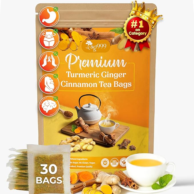 30 Bags Premium Turmeric Ginger Cinnamon Tea, Improve Digestion, Support Brain, Weight, Skin and Sleep, Eco-Conscious Tea Bags and Premium Natural Ingredients. Turmeric Ginger Herbal Tea. No Sugar, No Caffeine, No Gluten, Vegan.