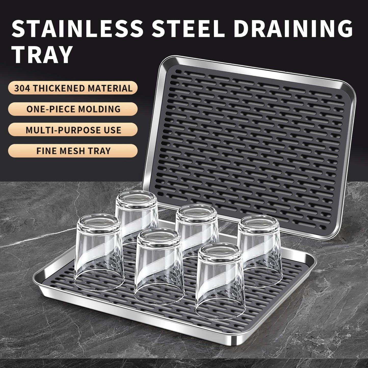 Stainless Steel Drain Tray, Cup & Dish Drying Rack, Drain Board 2 Tier Non Slip Serving Tray with Drainboard Perfect for Sink, Coffee Table, Outdoor (12.5 x 9.8 x 0.98 in)