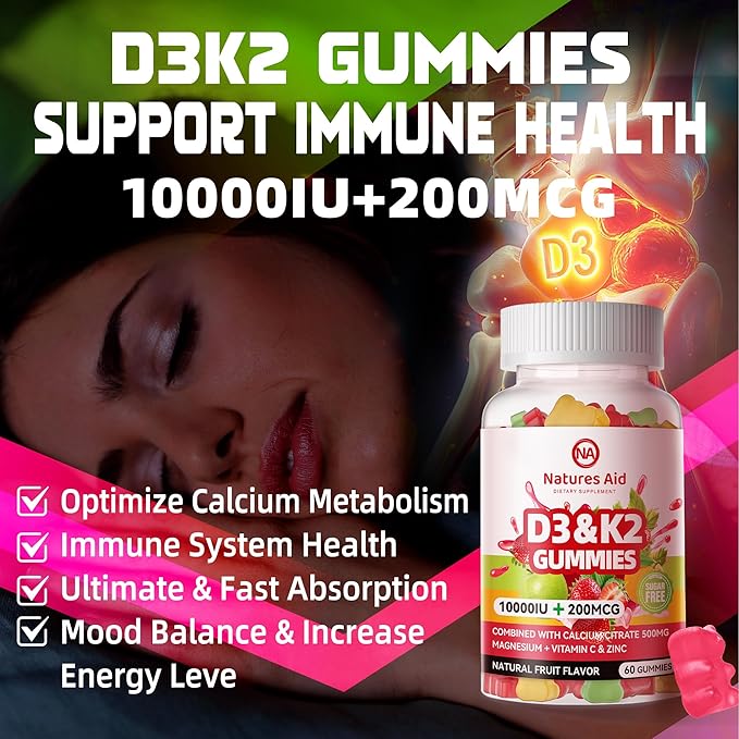 Sugar-Free Vitamin D3 K2 Gummies with Calcium + K2 (MK-7), Magnesium Citrate, Vitamin C, Extra Strength - Ultimate Absorption for Bone Muscle Teeth Immune, Vegan - 60 Gummies