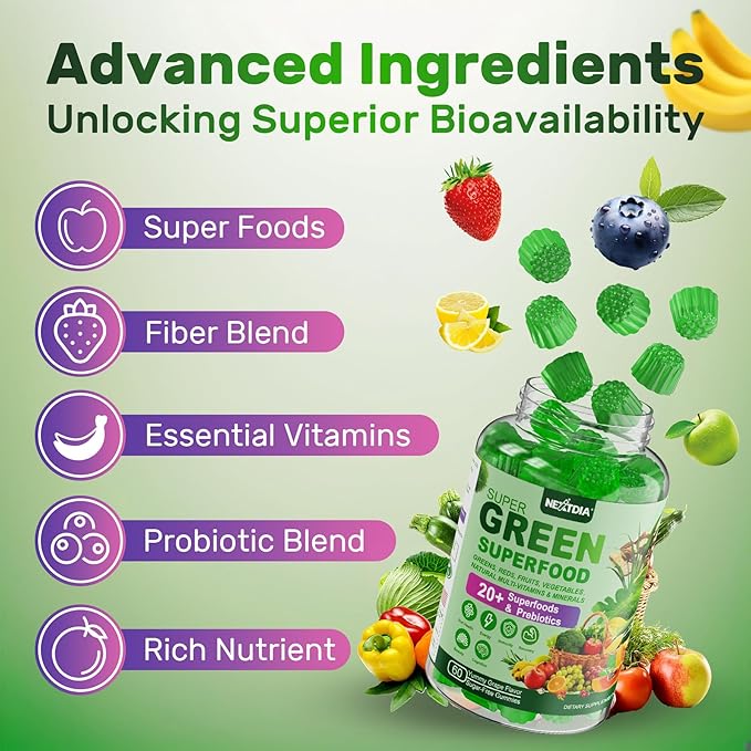 Super Greens Gummies, Greens Superfood Powder Alternative w/Spirulina, Chlorella, Prebiotic Fiber, Probiotic, Fruit Veggie, Daily Fruit Vegetable for Digestive & Gut Health, Immunity, Focus, 120 Cts