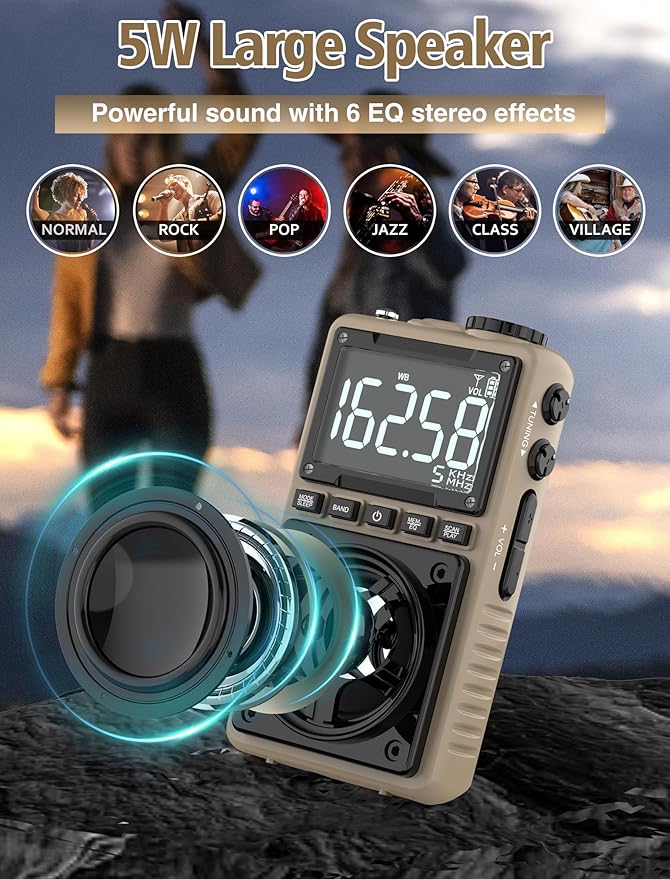 Bluetooth AM FM Shortwave Radio with NOAA Weather Alert,1250mAh Rechargeable Portable Pocket Radio with Best Reception,5W Big Speaker, Digital Tuner and Earphone,Support SD Card and USB Player(Brown)