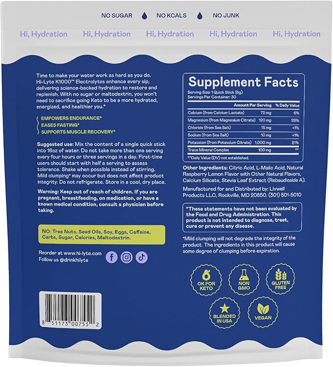 Hi-Lyte Keto & Performance - K1000 Electrolyte Quick Sticks - Raspberry Lemon - 1000mg Potassium, Magnesium, Calcium - Single-Serve Packets for Keto Hydration Support - No Sugar, No Carbs