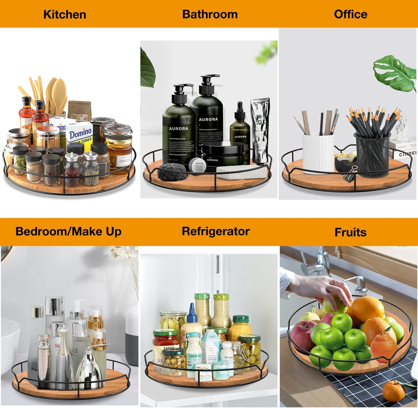 Lazy Susan Turntable Organizer for Cabinet Pantry Kitchen Countertop Refrigerator Cupboard, Pine Wood (Carbonized Black, 12“)