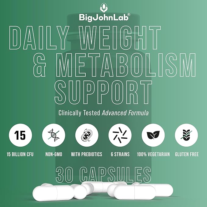 BIGJOHNLAB® - Probiotics for Weight Management & Bloating - 6 Probiotic Strains - Prebiotics - Key Ingredient Cayenne & Green Tea - Supports Gut Health - Weight Management for Women & Men - 30 CT