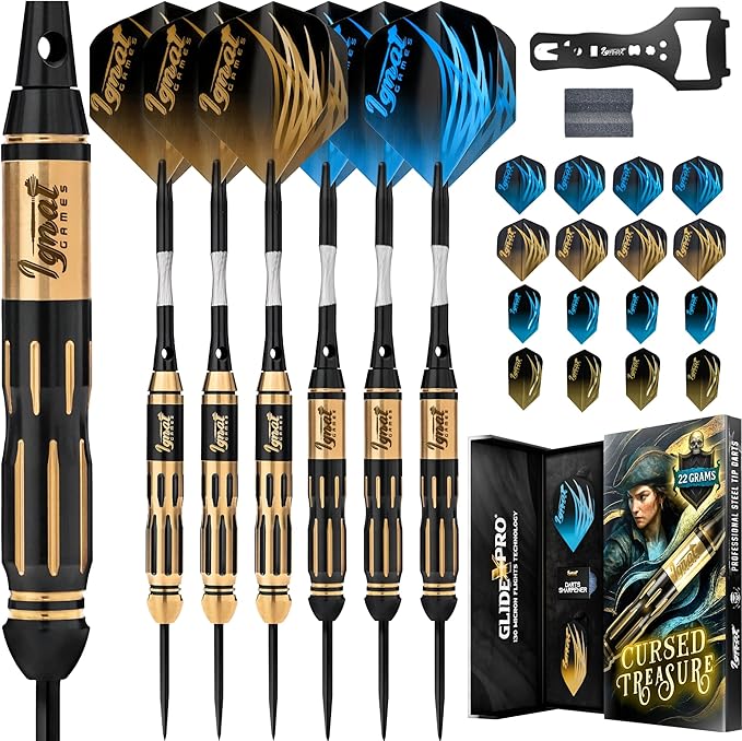 IgnatGames Premium Steel Tip Darts – 3/6/12 Pack Brass Barrels with Aluminum Shafts, 16 GlideXPro Flight Set, Tool Kit & Giftable Case