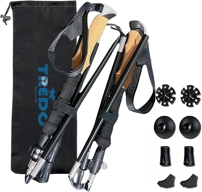 TREDO Premium Collapsible Trekking Poles - Ultralight Aluminum & Carbon Fiber - Adjustable Folding Hiking Poles - Lightweight for Men & Women - Comfortable Cork/EVA Grips - 2pc Set