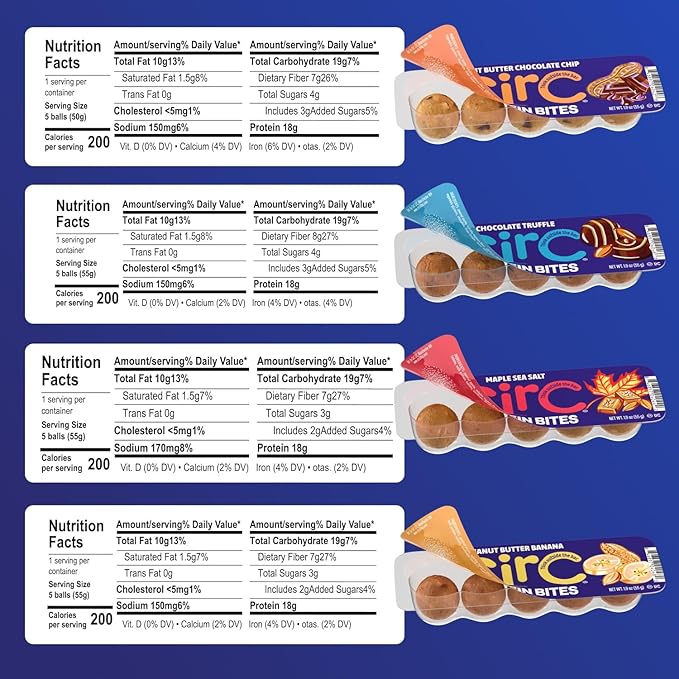 CirC Protein Bites - 8 Count Variety Mix High Energy Balls - 18g of protein 4g of Collagen, 5g of net carb, Whey & Peanuts - Portable Healthy Snacks in 5-Piece Resealable Packs