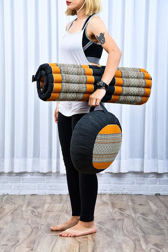 Leewadee Meditation Cushion Set – 1 Round Zafu Meditation Pillow and 1 Square Roll-Up Zabuton Meditation Mat, Pillows Bundle Filled with Kapok