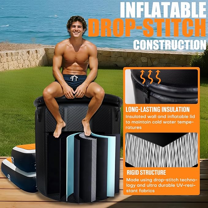 Inflatable Ice Bath Tub for Athletes, Cold Plunge Recovery Tub with Non-Slip Step, Insulated Lid, EVA Groundsheet, Backpack, 115 Gallon Capacity, 39" x 39" x 35.4", Portable Durable Design