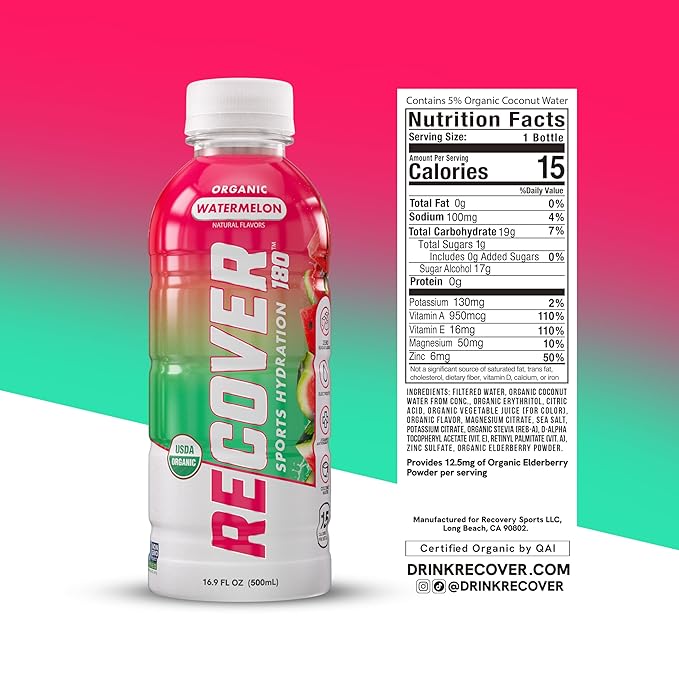 RECOVER 180 Organic Sports Hydration Drink, No Sugar Added, 15 Calorie Sports Beverage, Organic Flavors With Vitamins, Potassium-Packed Electrolytes (16.9 Fl Oz (Pack of 12), Variety Pack)