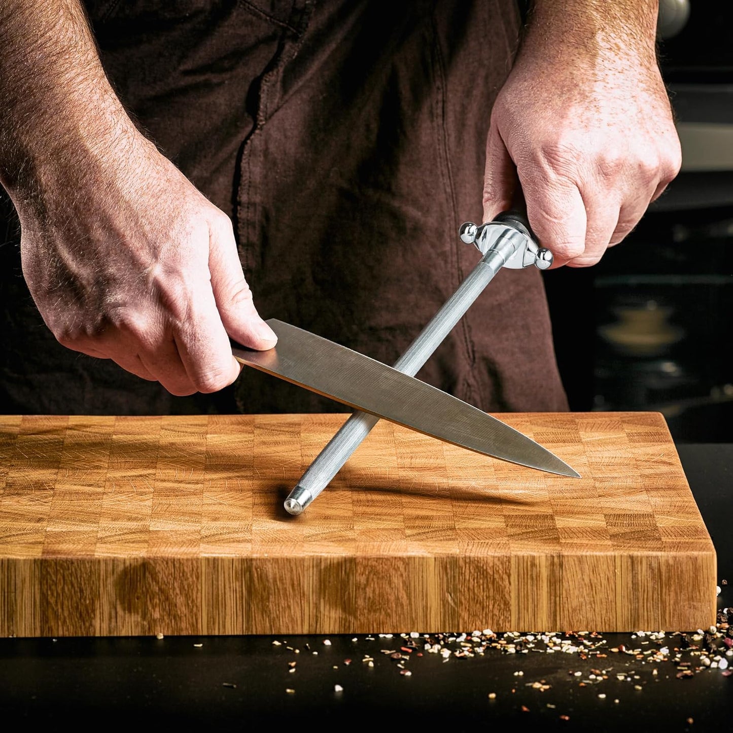 Knife Sharpener Rod, Kitchen Knives Sharpener Carbon Steel Professional Knife Sharpening Steel, Honing Rod with Hanging Holes (13 inches)