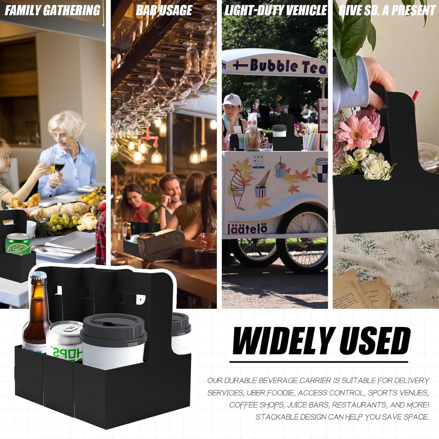 2 Cup Disposable Drink Carrier for Delivery with Handle,15 Count Black Paperboard Cup Holder,Cup Carriers for Hot or Cold Drinks,Coffee Carrier, Food Delivery,Take Out Cup Carriers (Black, 15 PCs)