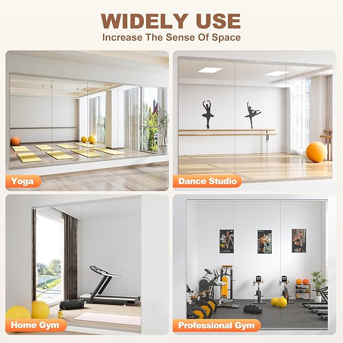 Hasipu Home Gym Mirror 95" L x 39" W - 2PCS Large Full Body Mirror for Yoga, Wall-Mounted Mirrors for Fitness, Garage, Dance Studio, 0.16in Tempered Glass Frameless