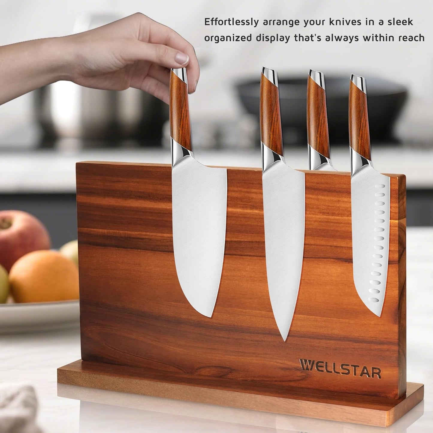 Modern Acacia Magnetic Knife Block Holder 16 x 10 Inches, Extra Large Dual-Sided Strong Magnet Wood knives Stand, Luxurious Kitchen Counter Rack Organizer for a Stable and Stylish Cutlery Display