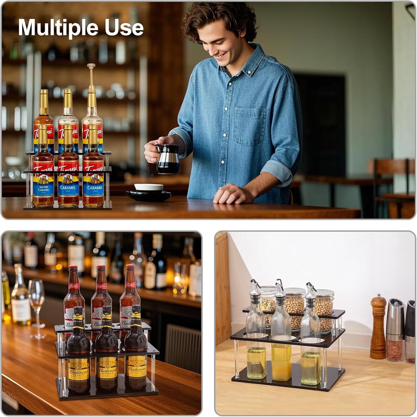 Acrylic Coffee Syrup Organizer, 2 Tier Coffee Syrup Rack (6 Bottle Capacity), Syrup Bottle Holder Stand for Coffee Bar, Kitchen Countertop Syrups, Condiments and Wine (Black)