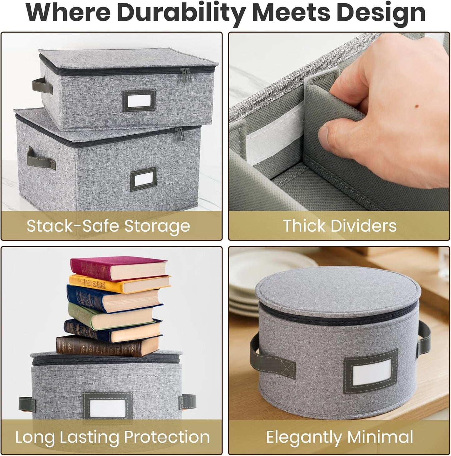 HOMELUX THEORY Hard Shell China Storage Containers, 5pc Light Gray Mug & Plate Storage Box, Kitchen Storage Bins With Lids, Heavy Duty Moving Box with Handles for Glassware, Stemware, Cup & Mug