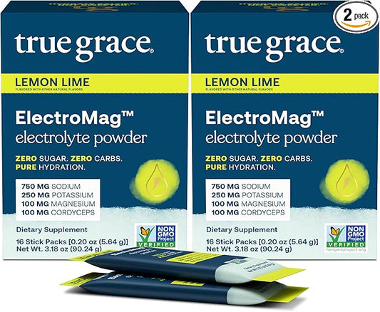 True Grace ElectroMag - 16 Stick Packs (Pack of 2) - Lemon Lime - Electrolyte Powder for Rapid Hydration - Sodium, Potassium, Magnesium & Cordyceps - Zero Sugar & Carbs - Non-GMO - 32 Total Servings