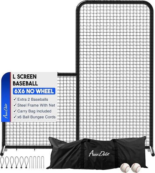 Yes4All Portable L-Screen Baseball 7x7ft with 2 Baseballs, Rubber Wheels - L Screen Baseball for Batting Cage, Protective Pitching Screen Net Double Layers, Carry Bag Included