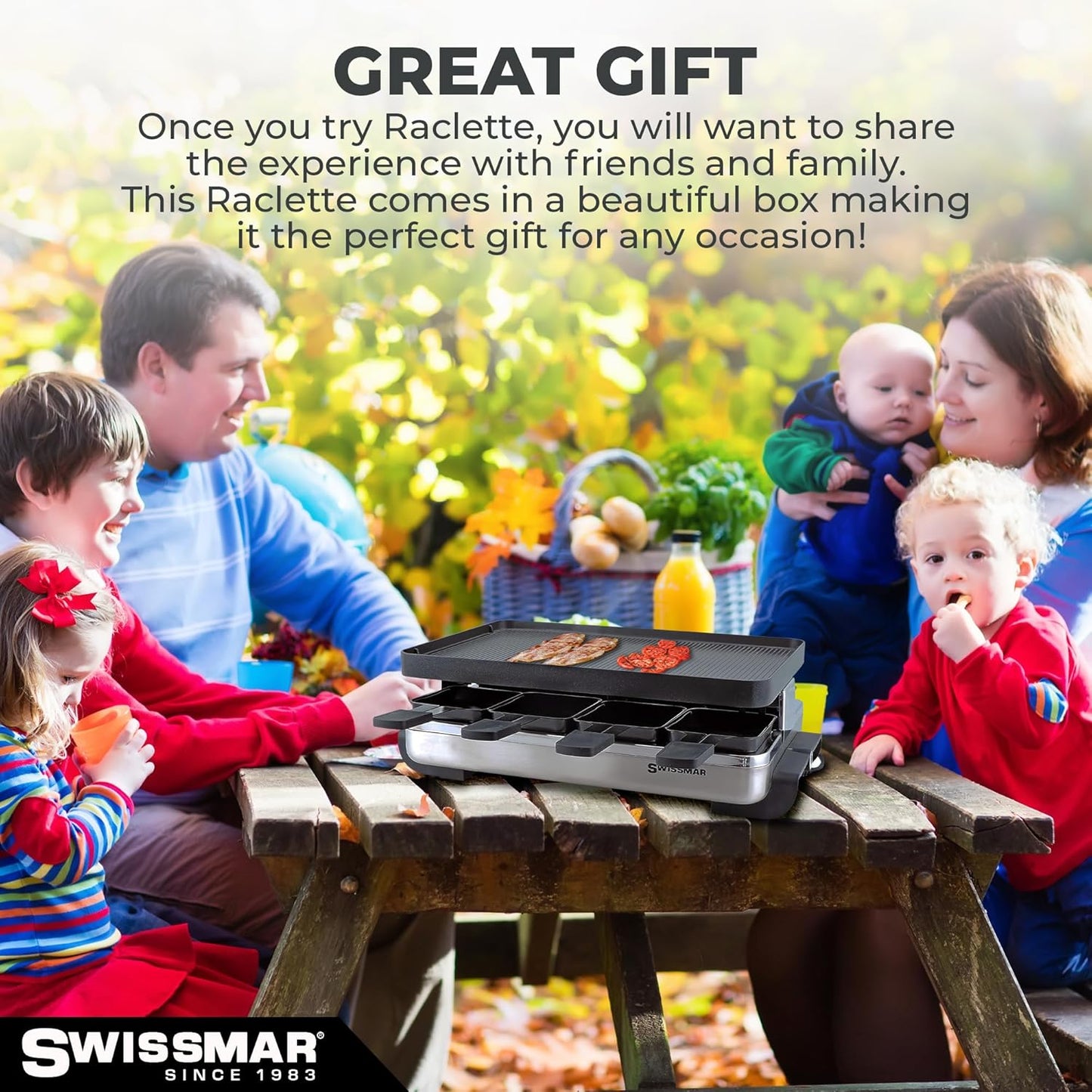 Swissmar Classic Raclette Party Grill with Reversible Cast Aluminum Non-Stick Grill Plate/Crepe Top, Outdoor & Indoor Electric BBQ Grill, Samgyupsal Griller - Brushed Stainless Steel - 8-Person