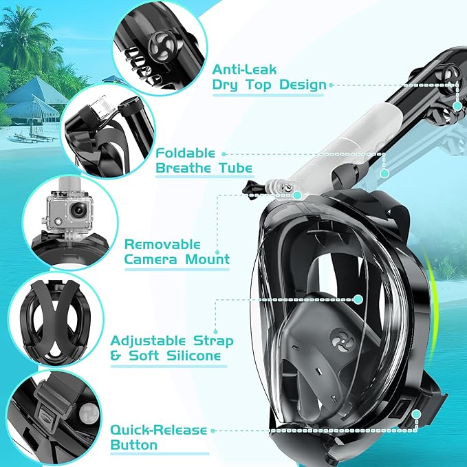 Full Face Snorkel Mask, Snorkeling Gear for Adults Men and Women, 180 Degrees Panoramic View Snorkel Set Anti-Fog Anti-Leak, Dry Top System and Travel Bag for Swimming, Snorkeling