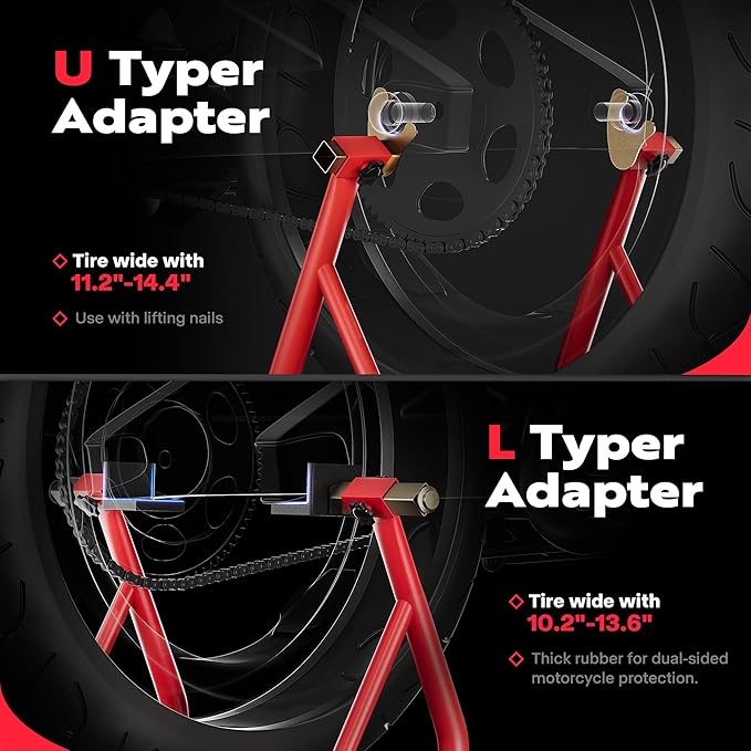 SPECSTAR Motorcycle Stands, 882 Lbs Capacity Front Rear Wheels Lift Combo with U+L Adjustable Swingarm Spool, Heavy Duty Paddock Stands for BMW Suzuki Yamaha Honda Kawasaki, Red