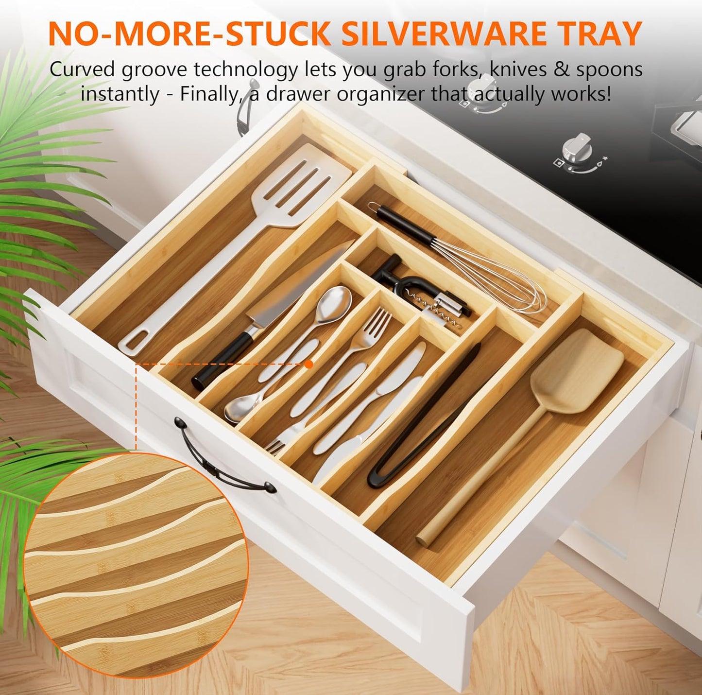 Expandable and Adjustable Bamboo Drawer Organizer Tray - Cutlery Drawer Organizer for Kitchen Utensils, Silverware Organizer with Dividers, 7-9 Slots with Curved Grooves (Natural)