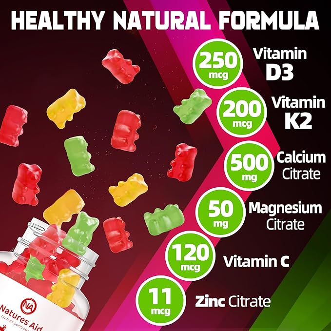 Sugar-Free Vitamin D3 K2 Gummies with Calcium + K2 (MK-7), Magnesium Citrate, Vitamin C, Extra Strength - Ultimate Absorption for Bone Muscle Teeth Immune, Vegan - 60 Gummies