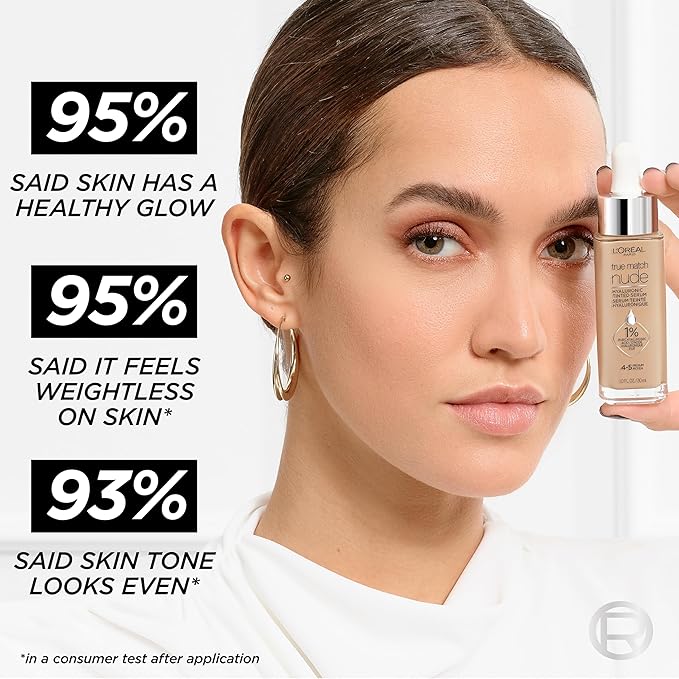 L'Oreal Paris True Match Nude Hyaluronic Tinted Serum Foundation with 1% Hyaluronic acid, Medium Tan 5-6, 1 fl. oz.