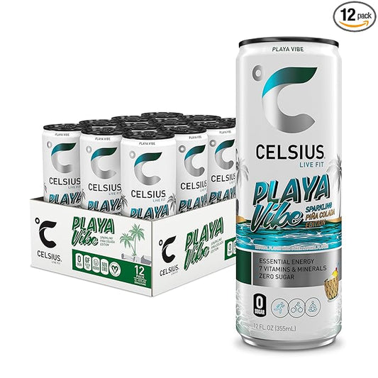 CELSIUS PLAYA VIBE Sparkling Pina Colada, Sugar Free Energy Drink, 12 Fl Oz (Pack of 12)