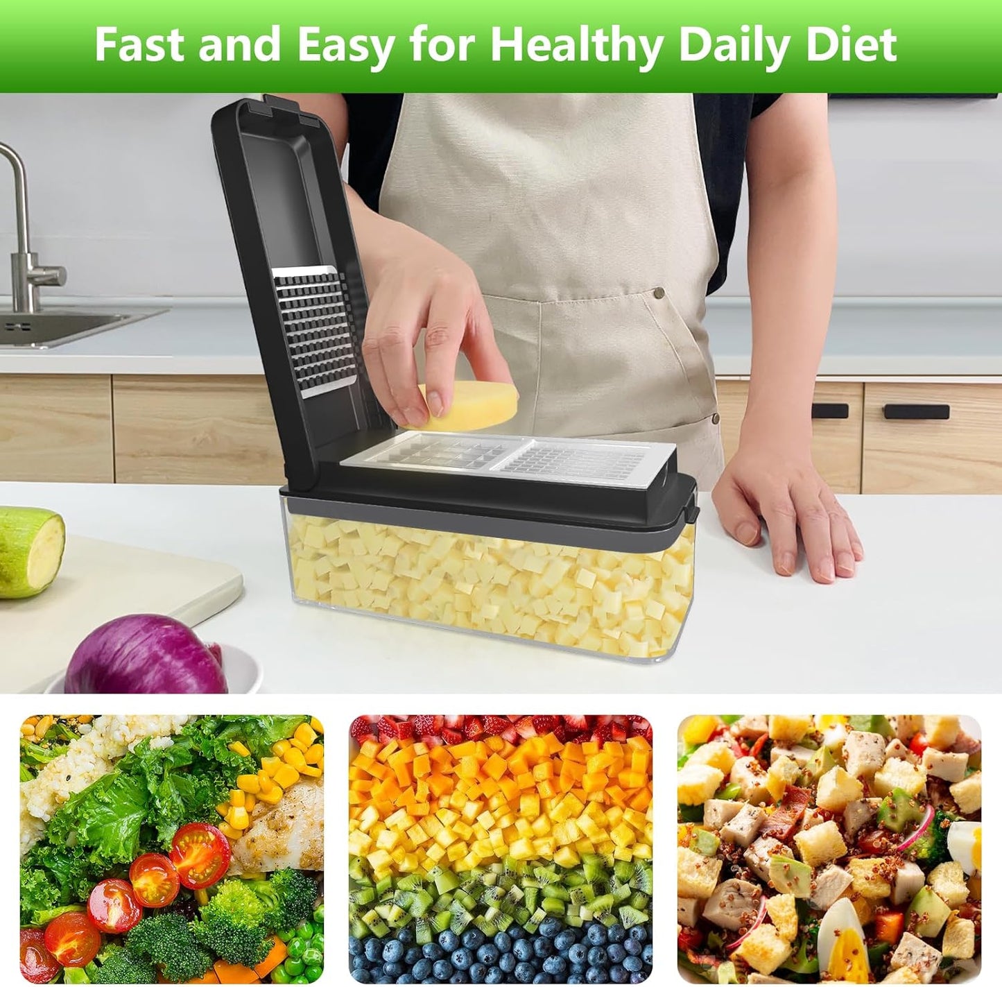 Vegetable Chopper, Onion Chopper Dicer, Mandoline Slicer, Food Chopper with Container, Vegetable Cutter for Salad Potato Carrot Garlic(10 Blades, Black White)